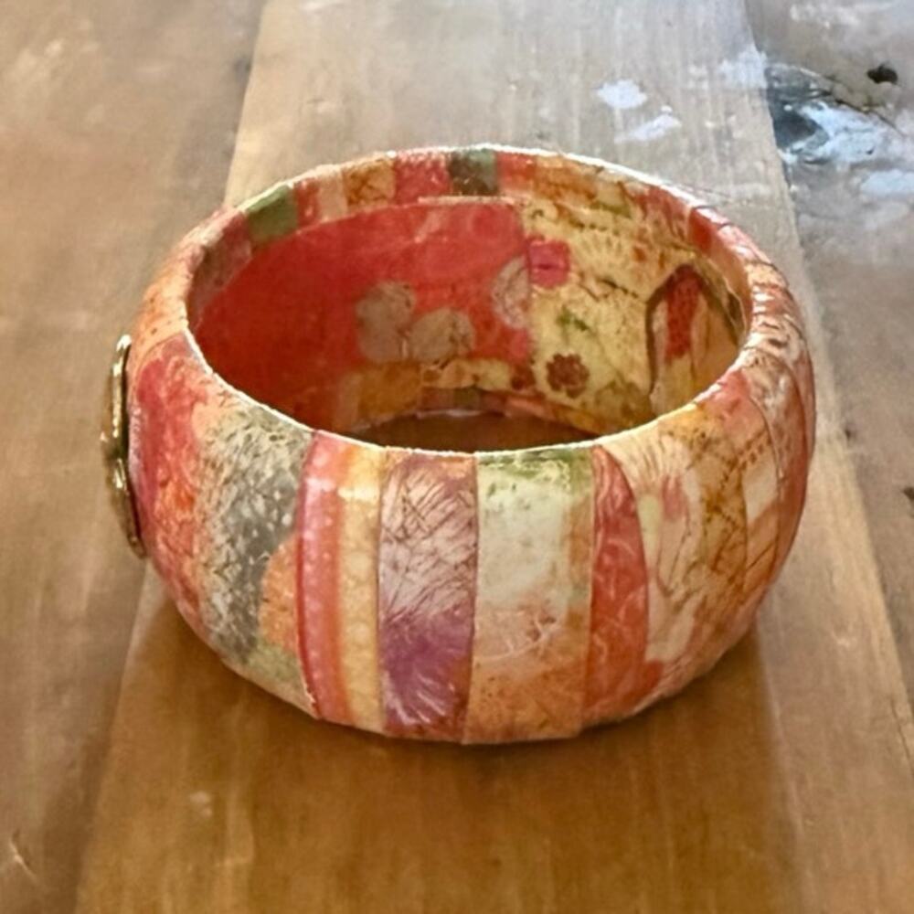 Vintage Decoupage‑Style Bangle • Multicolor Stripes & Floral Medallion - Picture 6 of 9